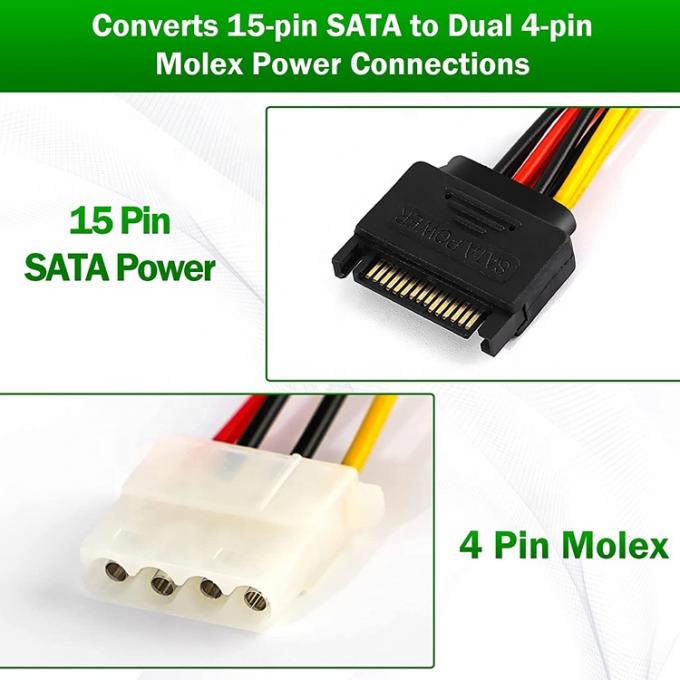 Sata 15 Pin Macho para Dual Molex 4 Pin Lp4 IDE Female Hard Drive Power Y Adaptador Converter Cable para HDD SSD 1