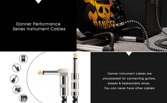3M Metal trançado em ângulo reto 6.35mm 1/4 TS Jack Áudio Guitarra Elétrica Instrumento de Efeito Bass Amp Patch Lead Cable 7