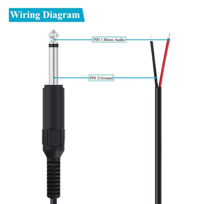 6.35mm 1/4 Inch TS 2 Ploes Jack Mono Macho Plug de Áudio para fio nu Cabo de extremidade aberta para microfone 2