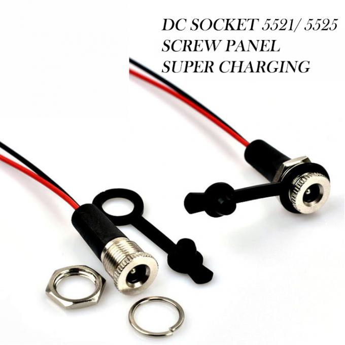 Painel montado em rosca DC Socket Jack feminina 5.5x2.1mm para 2 fios cabo de ponta de rabo aberto 3