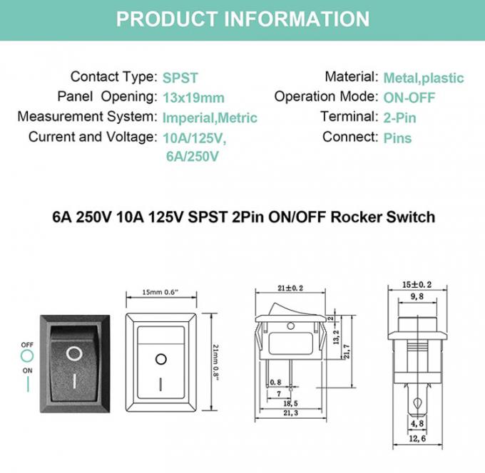 AC 6A/250V 10A/125V Negro 2 Pin Posição Snap em ON OFF Switch Rocker Boat elétrico 0