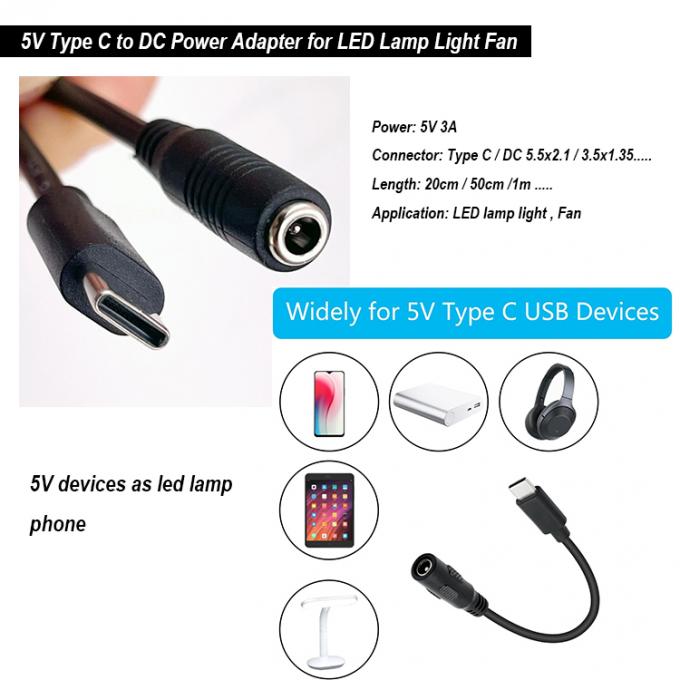 5V Tipo C para DC 3.5x1.35mm 5.5x2.1mm Cable de extensão de carregamento de energia para ventilador de lâmpada de escritório LED 0