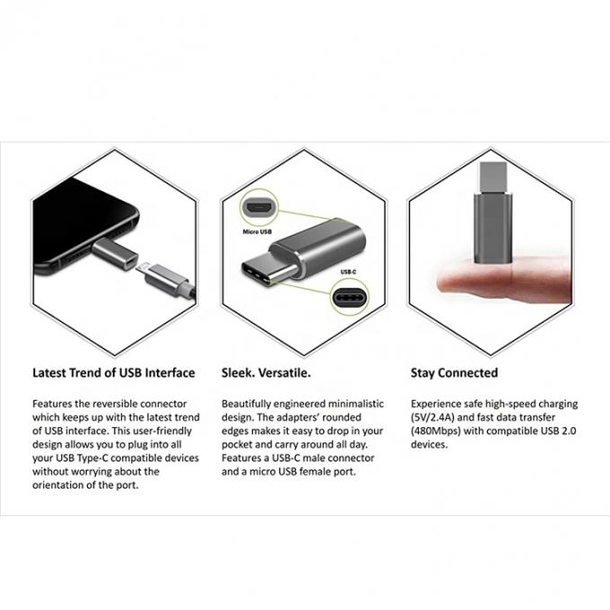 Plug and Play Shell Metal Micro USB Fêmea para Tipo C Homem OTG Converter Adaptador 3