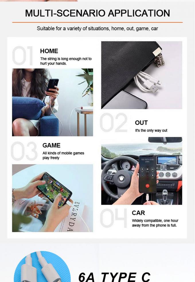 Carregamento Super Rápido 6A Tipo C Cable de carregador de dados USB para telemóvel 6