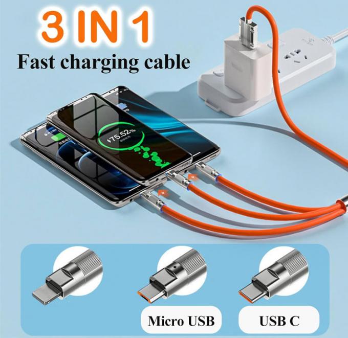 Carregamento Super Rápido 120w 6A Silicone Líquido 3 em 1 Multi Conectores Micro Tipo C USB Cable de Carregador de Dados para Telefone Móvel 1