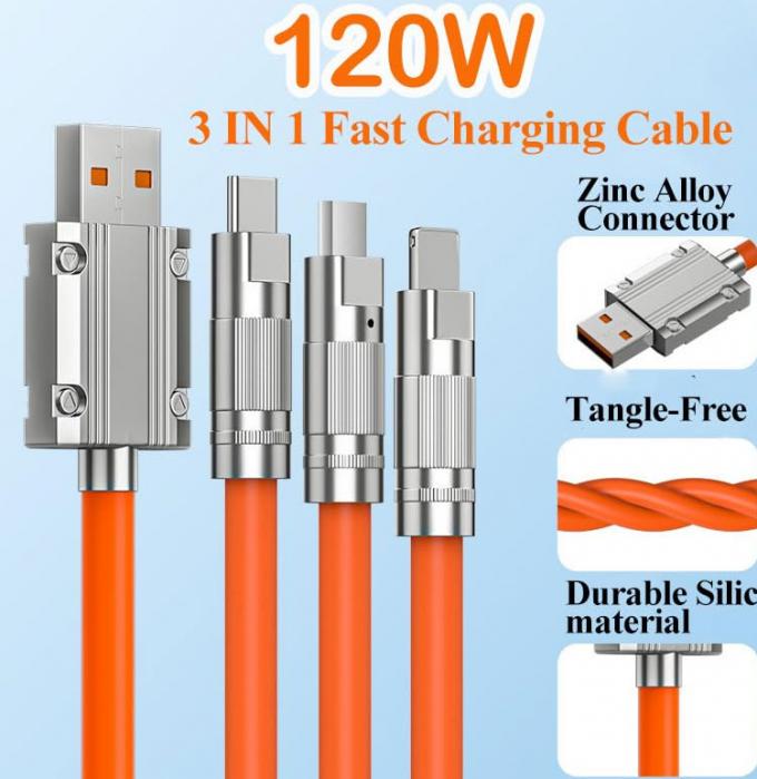 Carregamento Super Rápido 120w 6A Silicone Líquido 3 em 1 Multi Conectores Micro Tipo C USB Cable de Carregador de Dados para Telefone Móvel 3