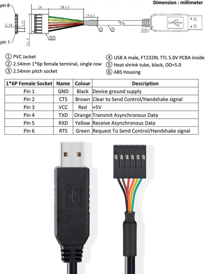 FTDI Chip FT232 USB para TTL 3.3V 5V Uart RTS CTS TXD RXD cabo de conversão serial para Arduino Raspberry Pi 2