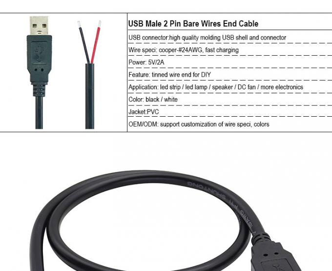 5V USB para abrir cabos de carregador de energia de cola de porco para lâmpada de luz de tira LED 3
