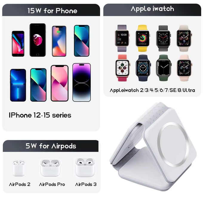 Carregador sem fio dobrável magnético 3 em 1 iPhone 12-15 15w Estação de carregamento sem fio rápido Carregadores sem fio portáteis 7