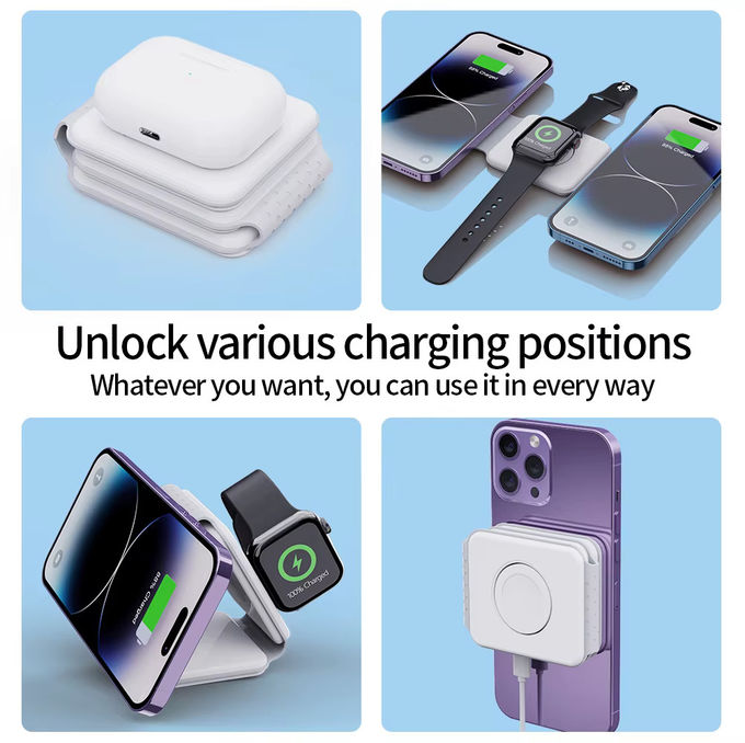 Carregador sem fio dobrável magnético 3 em 1 iPhone 12-15 15w Estação de carregamento sem fio rápido Carregadores sem fio portáteis 4