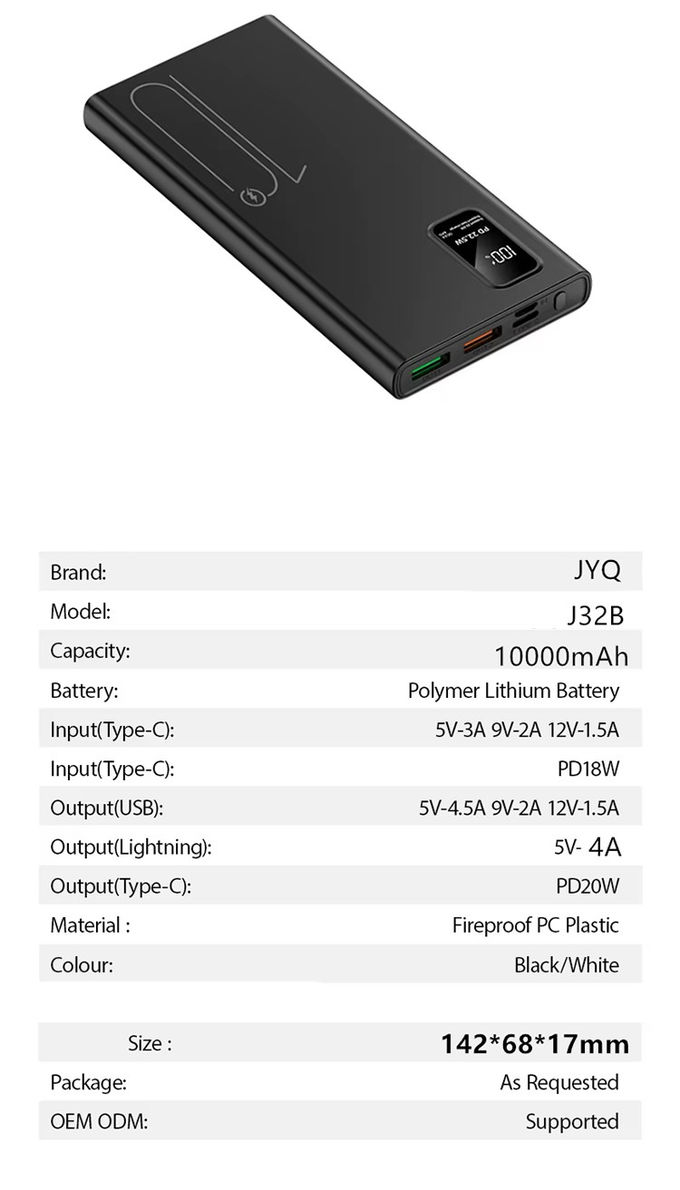 Outdoor Portable 10000mah PowerBank LED Display PD QC3.0 22.5W Carregamento Rápido Slim Power Banks 10000mAh Carregador USB-C para iphone 15 7